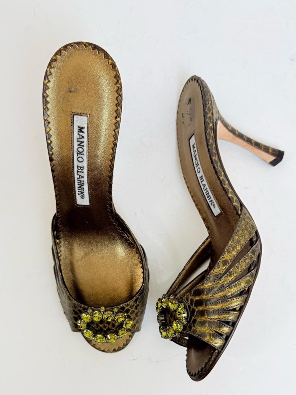 Manolo Blahnik Metallic Green snakeskin Crystal Embellished High Heel Mules 36.5